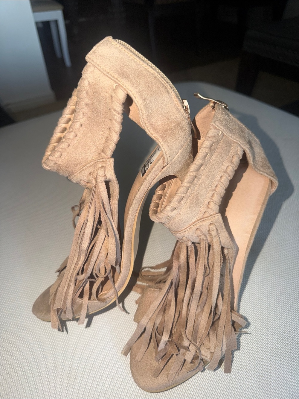 Fringed Suede High Heel Sandals in Taupe